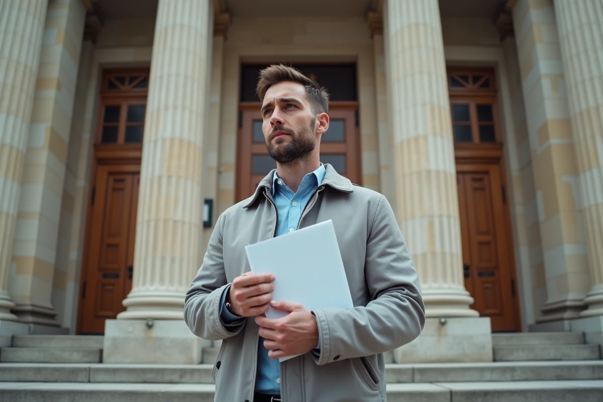 Homme tenant un document officiel devant le palais de justice, illustrant une procédure pour contravention de 5e classe