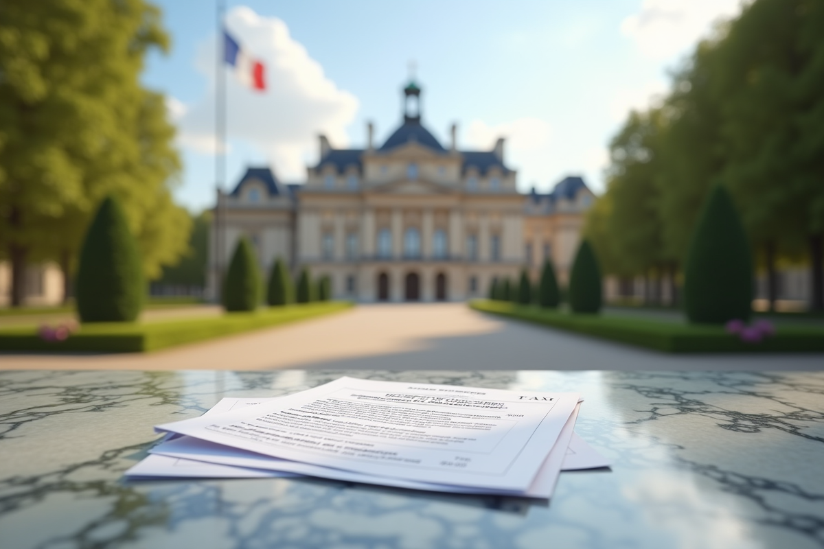 Palais présidentiel français avec drapeau et document fiscal