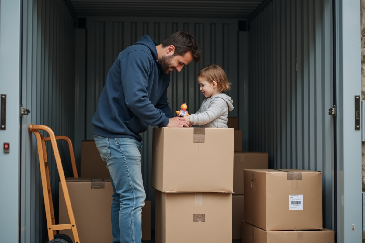 Père et fille organisent des cartons dans un selfstorage à Lyon