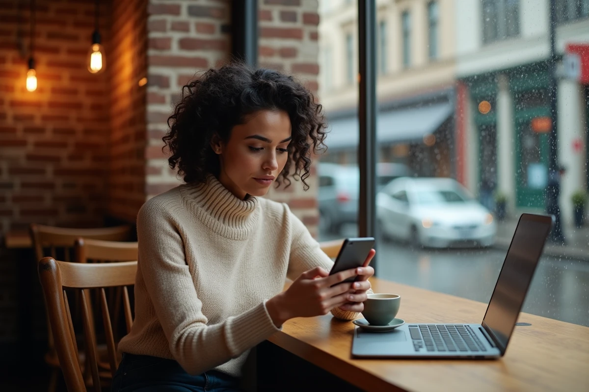 Femme en pause café consultant son téléphone discrètement avec un ordinateur professionnel ouvert à côté