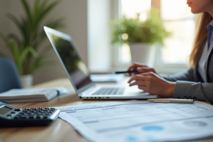 Personne travaillant sur un bureau immobilier avec documents et calculatrice