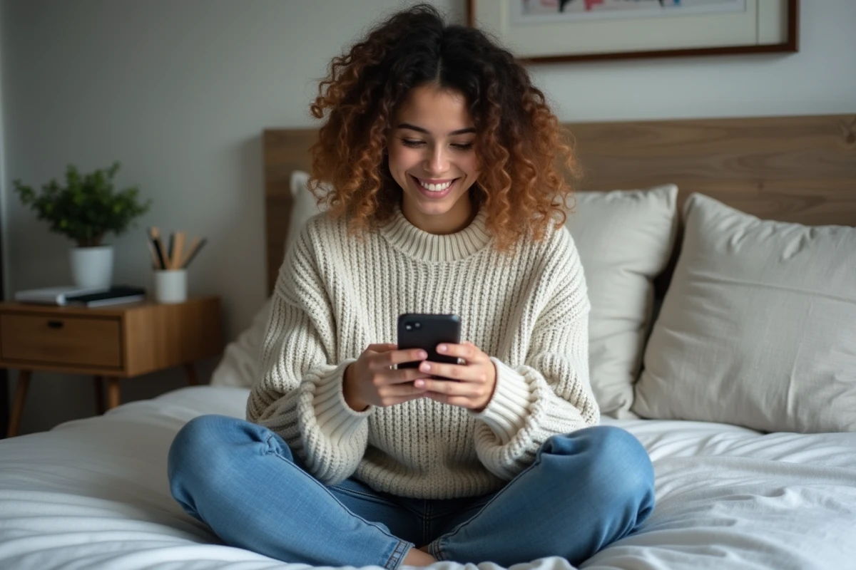 Personne non-binaire utilisant une application de rencontre trans sur smartphone dans sa chambre