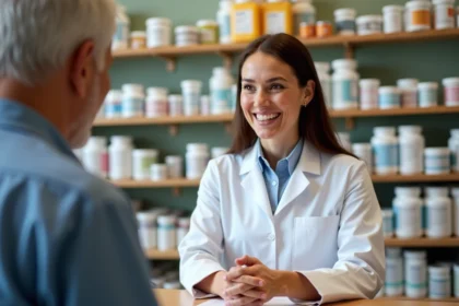 Pharmacienne senior souriante avec client agee dans une pharmacie