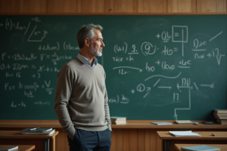 Physicien réfléchissant près d'une ardoise avec équations