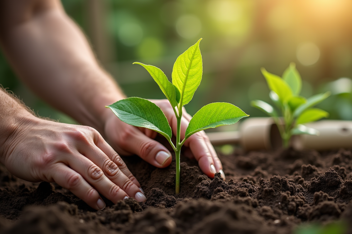 Main plantant un chèvrefeuille dans la terre riche du jardin