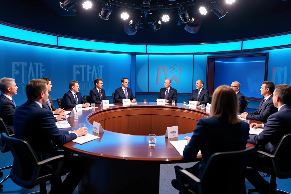 Plateau de débat télévisé avec plusieurs chroniqueurs et un animateur autour d'une table en studio de chaîne d'information