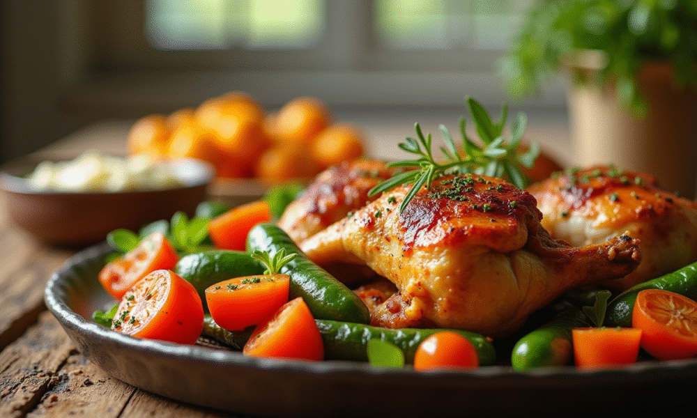 Table rustique avec légumes rôtis et cuisses de poulet dorées