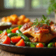 Table rustique avec légumes rôtis et cuisses de poulet dorées