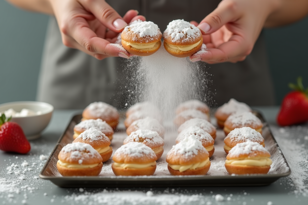 Main saupoudrant de sucre glace sur mini choux au craquelin