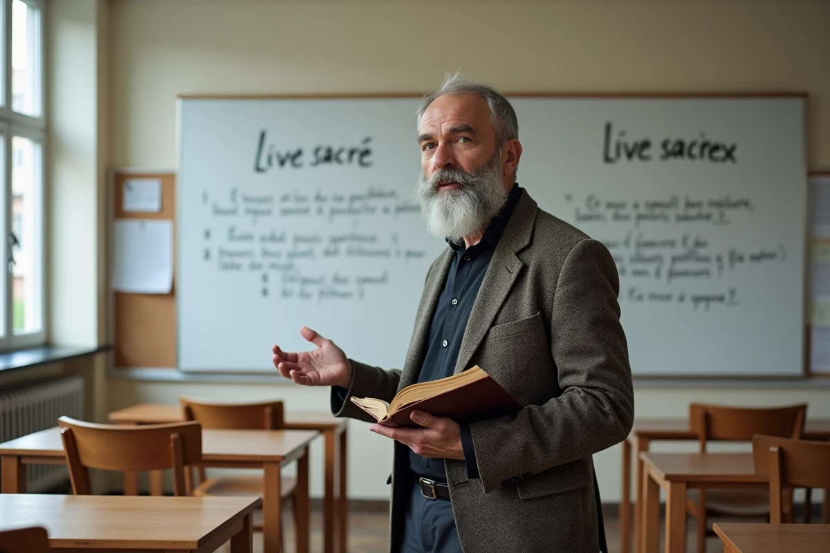 Professeur tenant un livre religieux devant un tableau avec les termes livre sacré et livre religieux écrits à la main