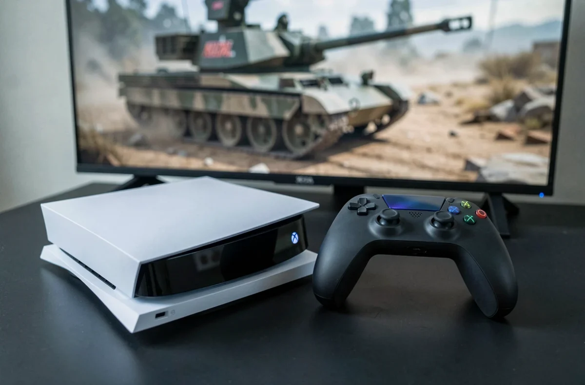 Console PS5 et manette Xbox Series X posées sur un bureau sombre avec Battlefield 6 en fond d'écran