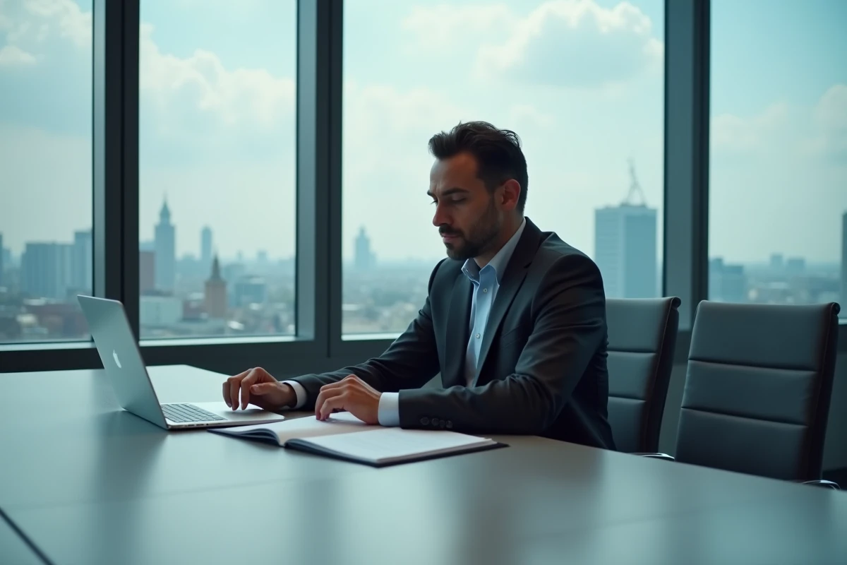 Homme d'affaires prospère en réunion dans un bureau moderne à Berlin, style éditorial corporate