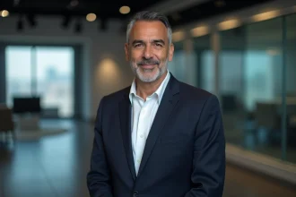 Homme d'affaires élégant dans un studio de télévision moderne, portrait éditorial professionnel