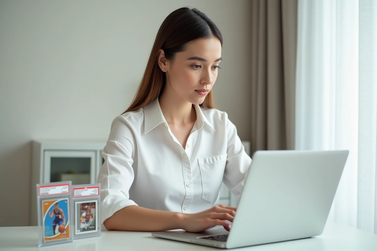 Jeune femme collectrice recherchant des cartes Pokémon rares authentiques en ligne avec des slabs PSA sur son bureau