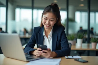 Femme professionnelle regardant discrètement son téléphone sous son bureau en open space