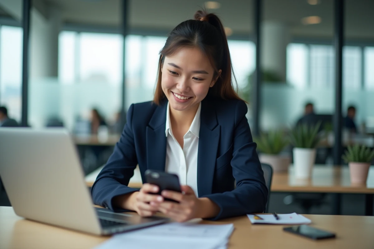 Femme professionnelle regardant discrètement son téléphone sous son bureau en open space