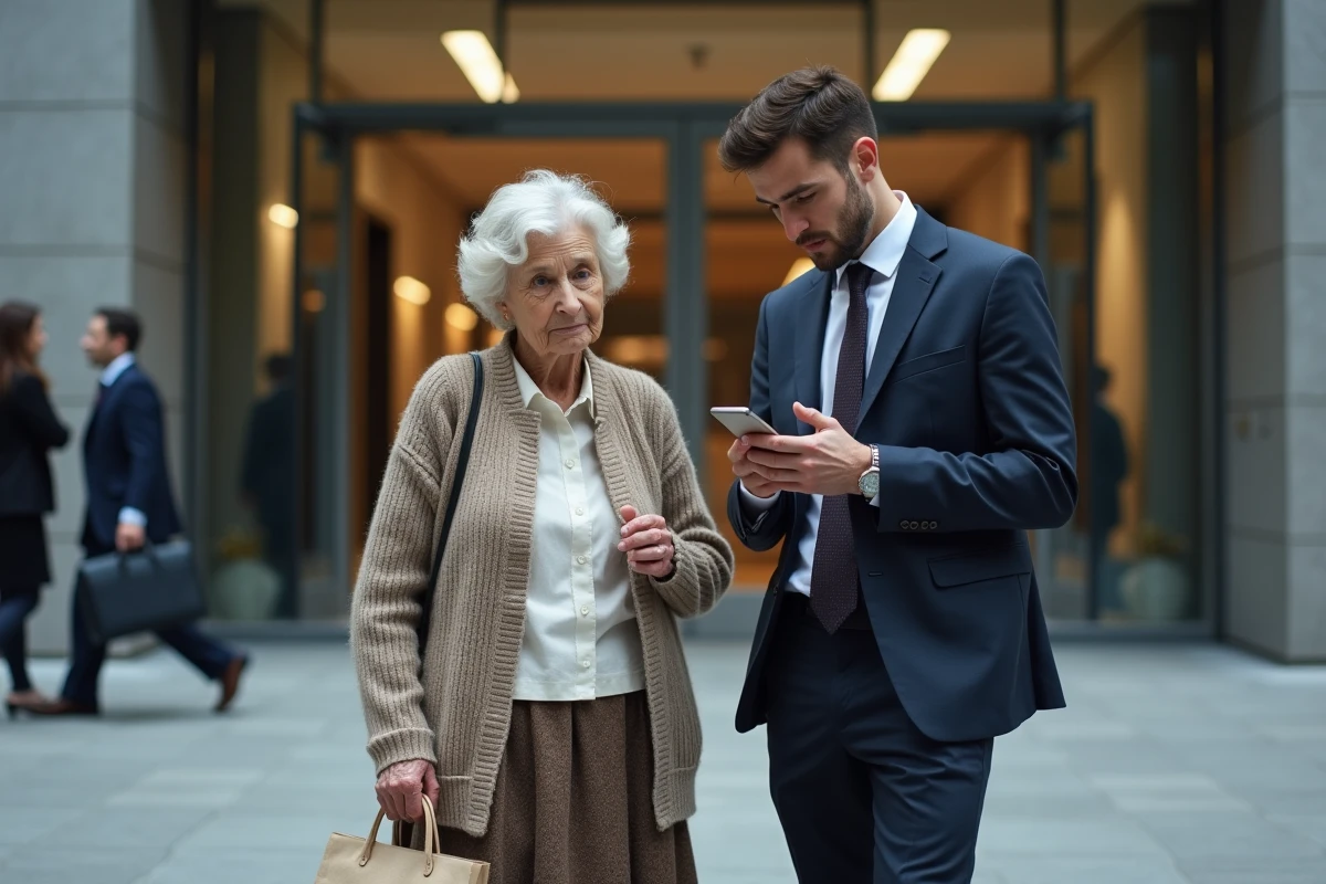 Femme âgée et jeune homme dans un environnement urbain moderne