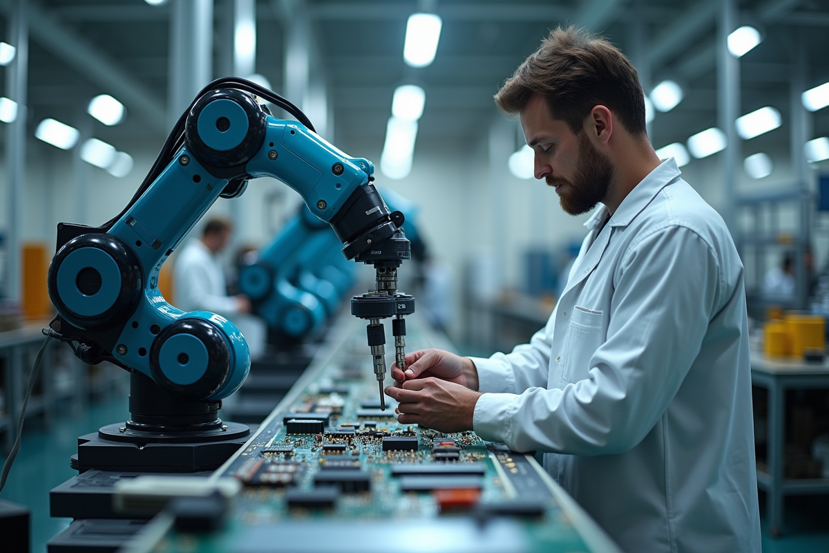 Bras robotique et ouvrier assemblant des composants électroniques