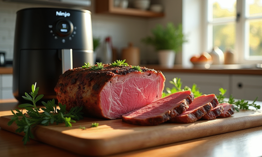 Rôti de boeuf cuit à la perfection sur planche en bois avec herbes fraîches