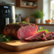 Rôti de boeuf cuit à la perfection sur planche en bois avec herbes fraîches