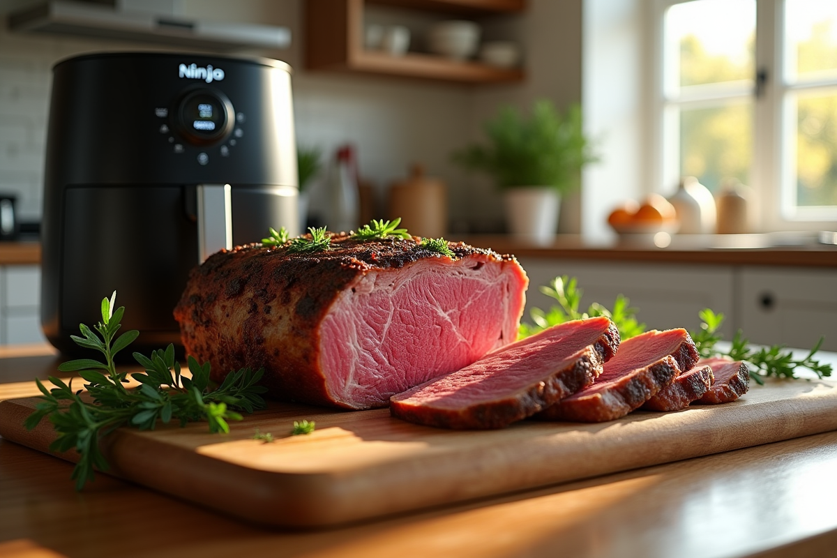 Rôti de boeuf cuit à la perfection sur planche en bois avec herbes fraîches
