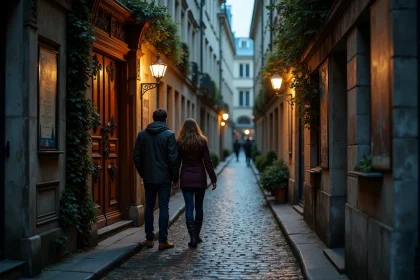 Ruelle parisienne mystérieuse avec couple devant une porte gothique, ambiance expérience immersive à Paris