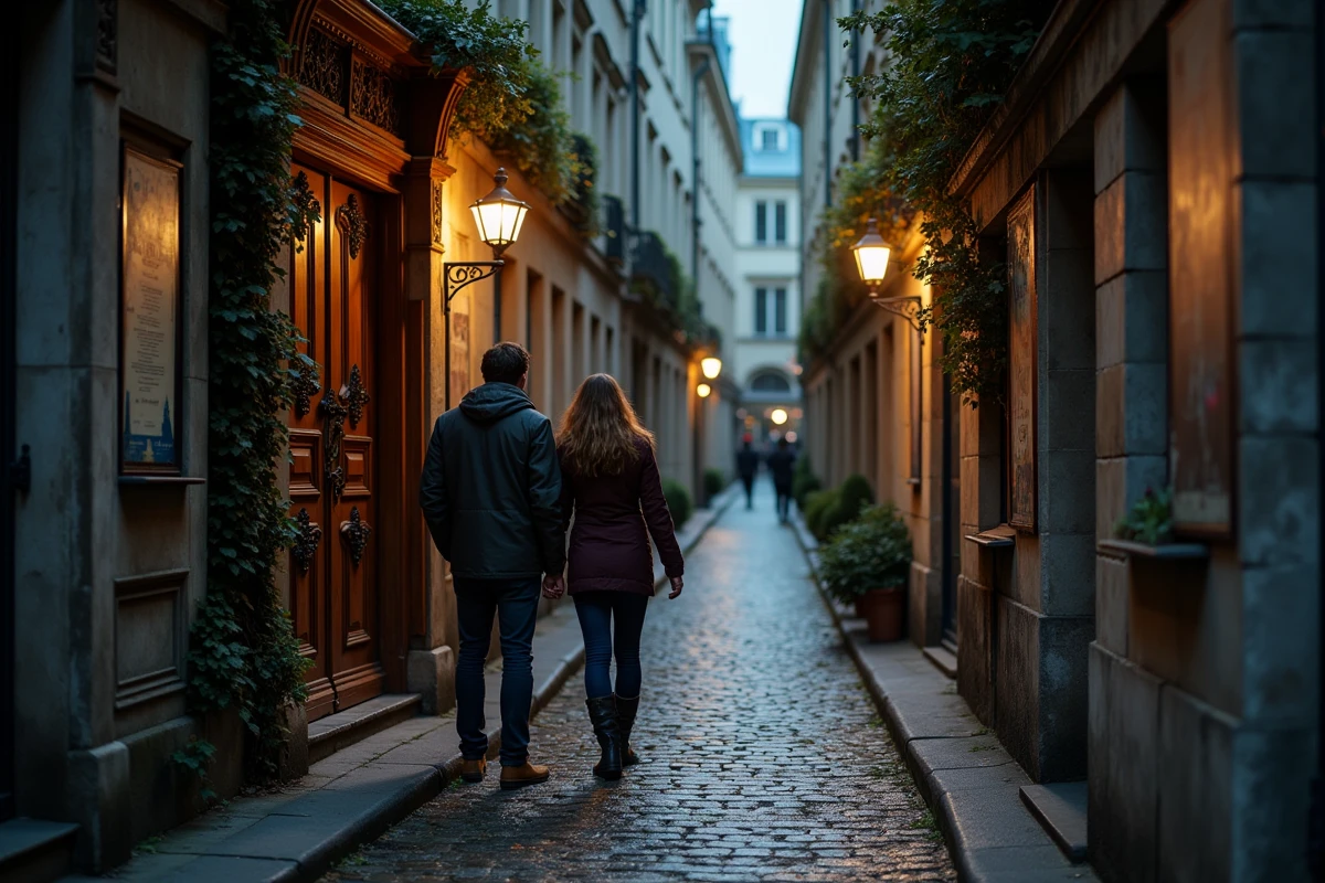 Ruelle parisienne mystérieuse avec couple devant une porte gothique, ambiance expérience immersive à Paris