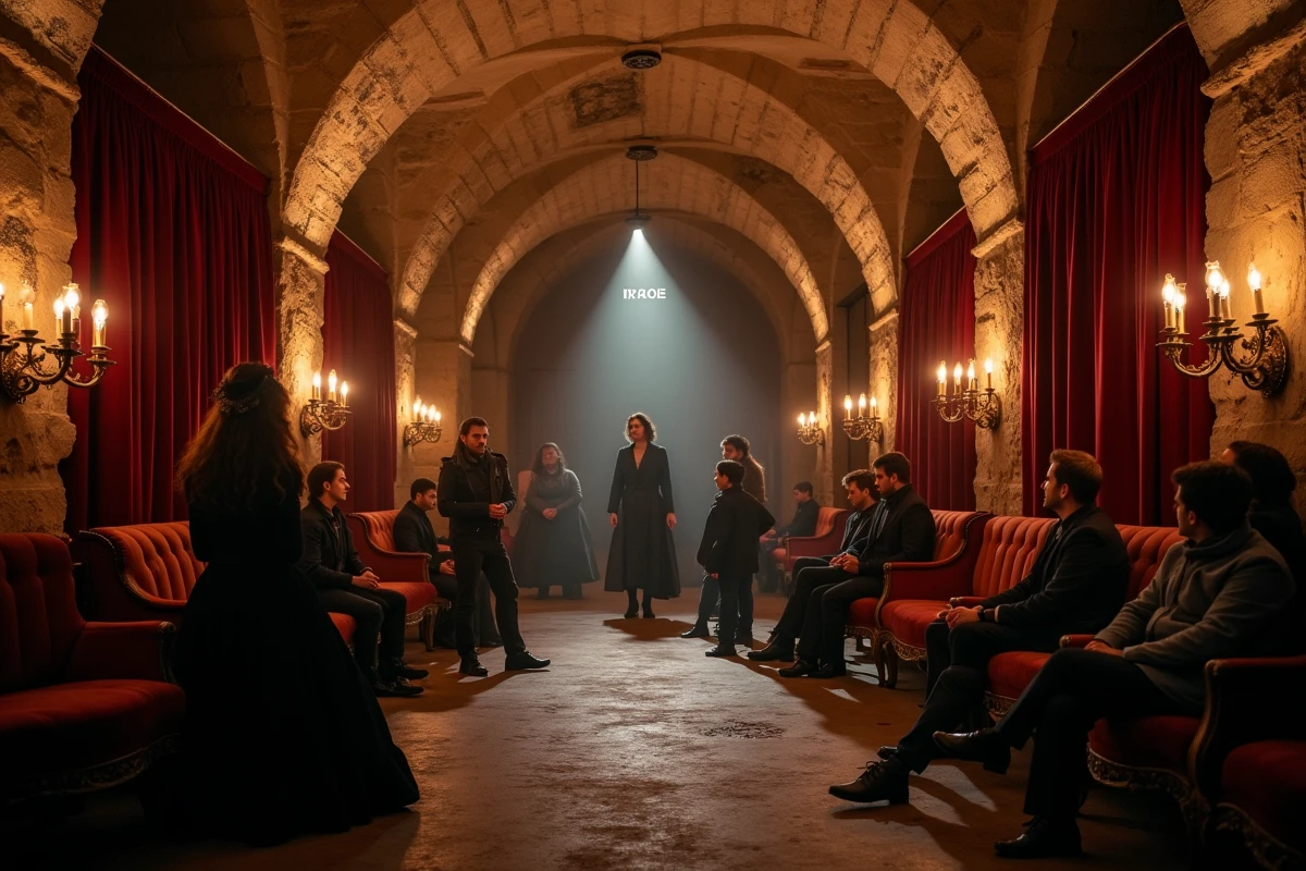 Salle immersive parisienne avec comédiens en costumes victoriens et visiteurs adultes dans une cave voûtée