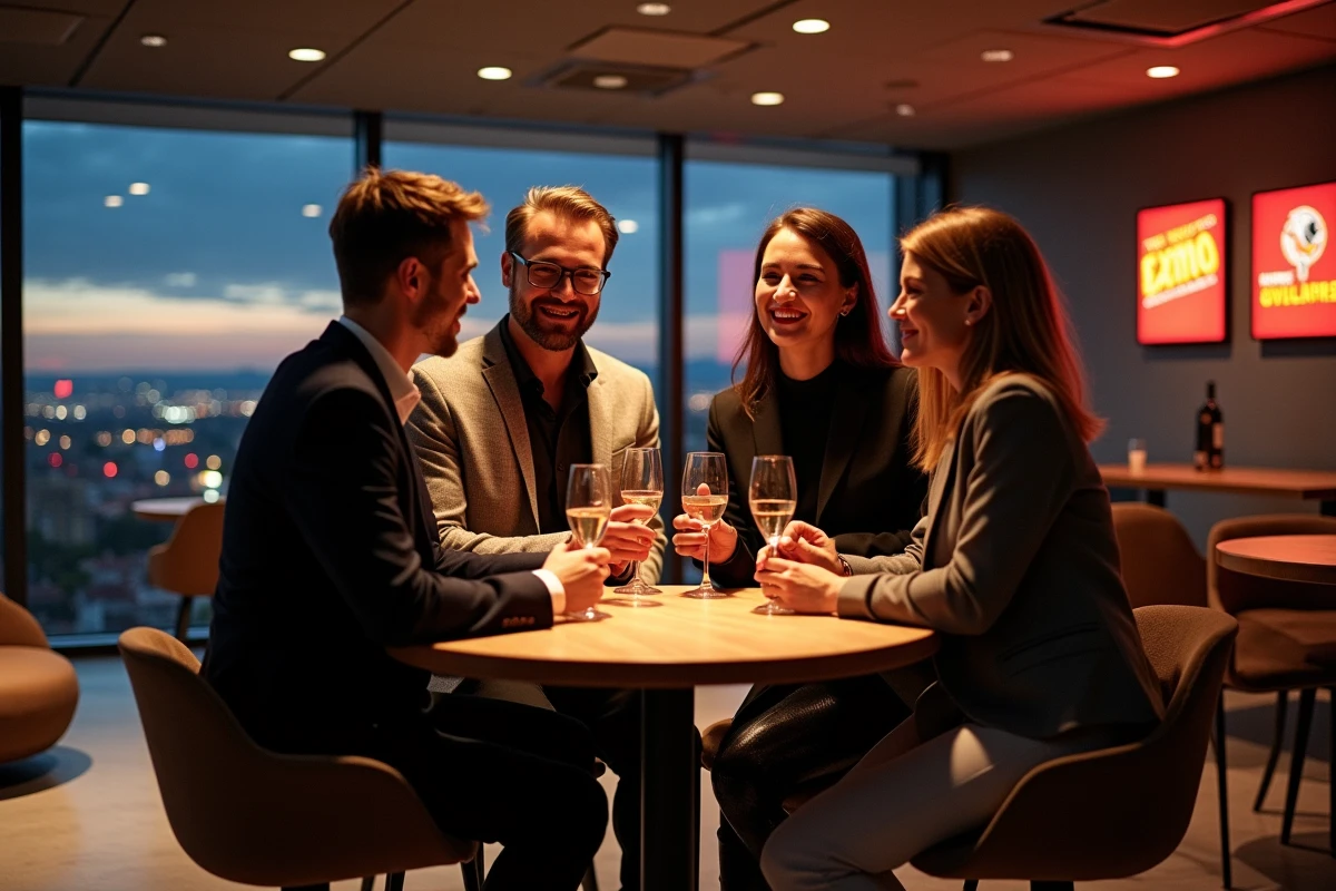 Groupe d'invités dans un salon VIP premium d'une salle de concert à Lyon avec vue sur la ville