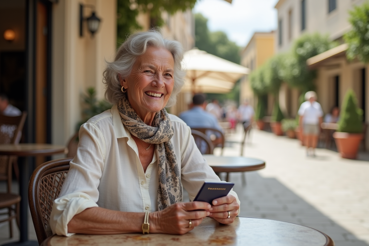 Femme senior souriante avec passeport en café en plein air