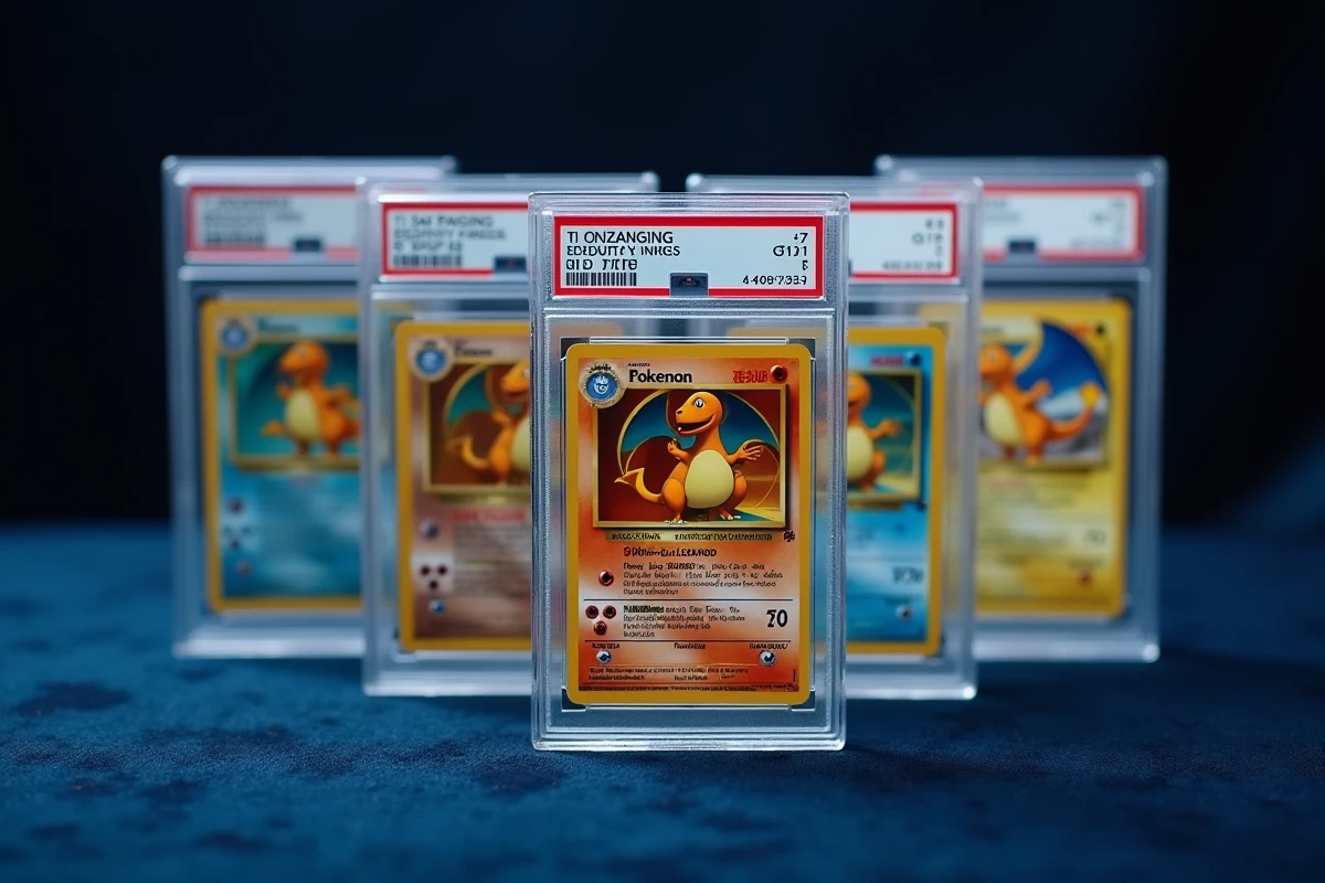 Cartes Pokémon Dracaufeu gradées en slabs PSA alignées sur velours sombre représentant des exemplaires rares certifiés authentiques