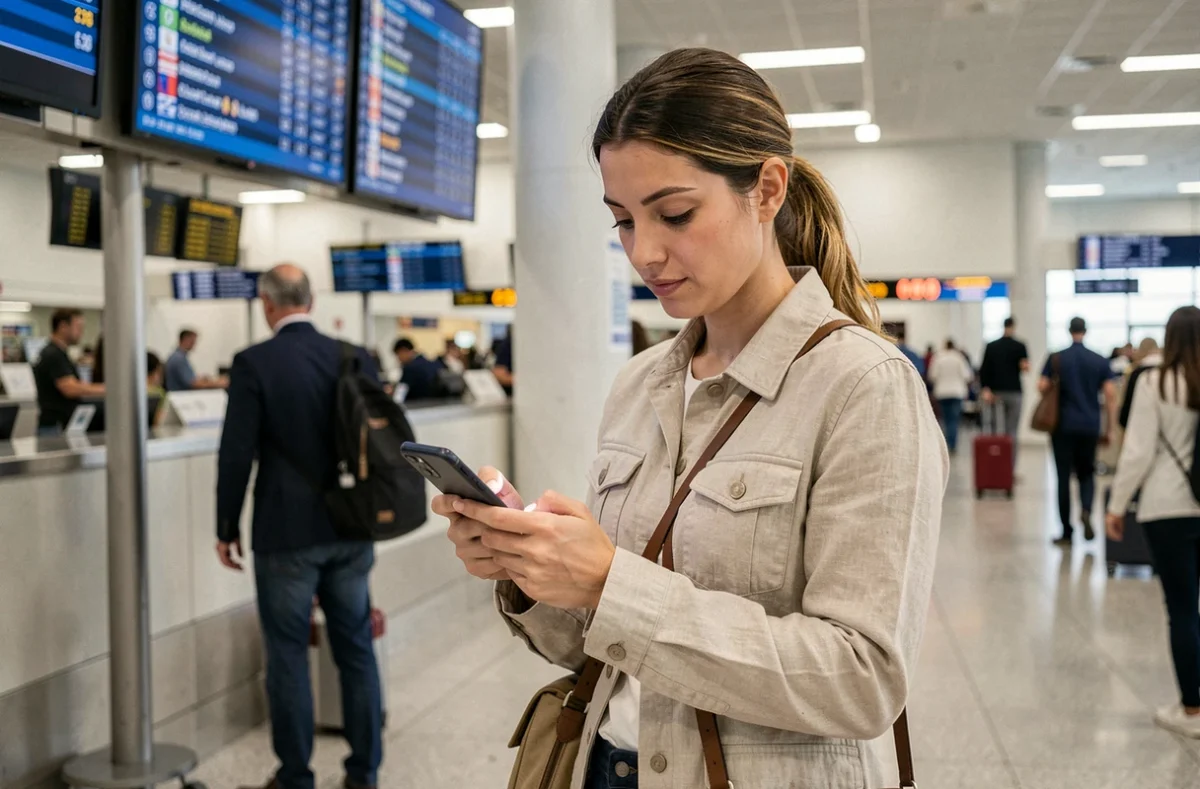 Femme utilisant son téléphone pour envoyer un SMS anonyme dans un aéroport international