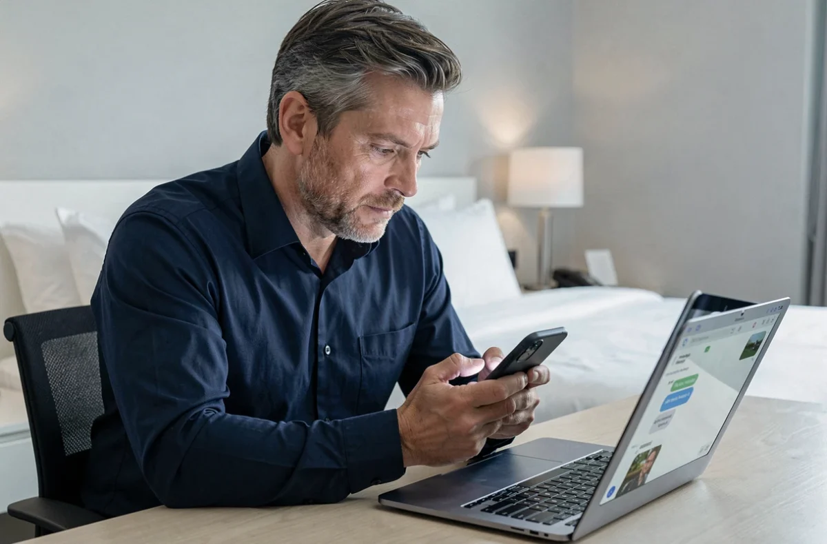 Homme consultant une application de SMS anonyme sur son smartphone dans une chambre d'hôtel à l'étranger