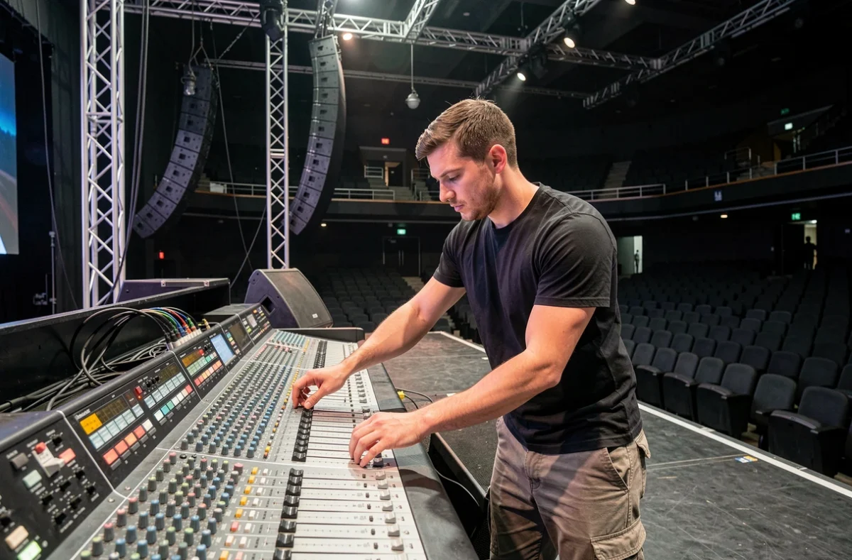 Technicien de Sound Light Events réglant une console de mixage sur scène dans une salle de spectacle à Toulon