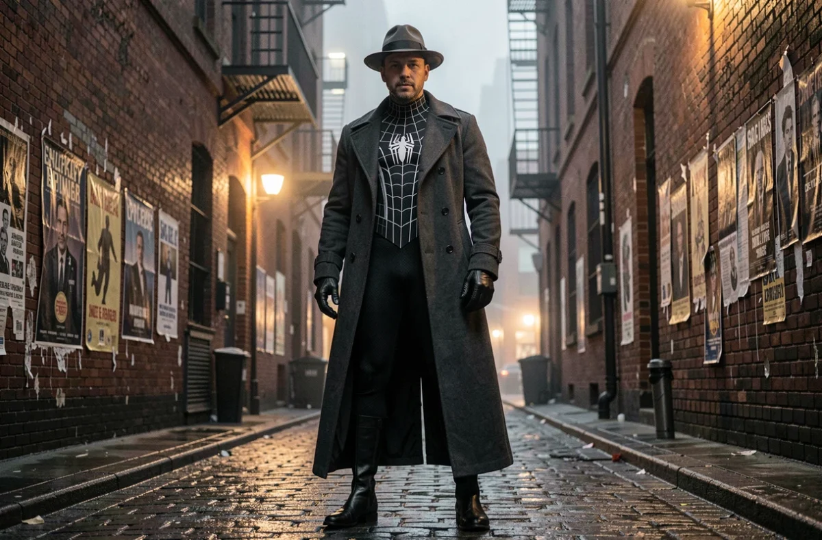 Cosplayer en costume Spider-Man Noir dans une ruelle urbaine atmosphérique avec trench coat et chapeau fedora noir et blanc