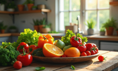 Table rustique avec fruits et légumes bio en forme de U