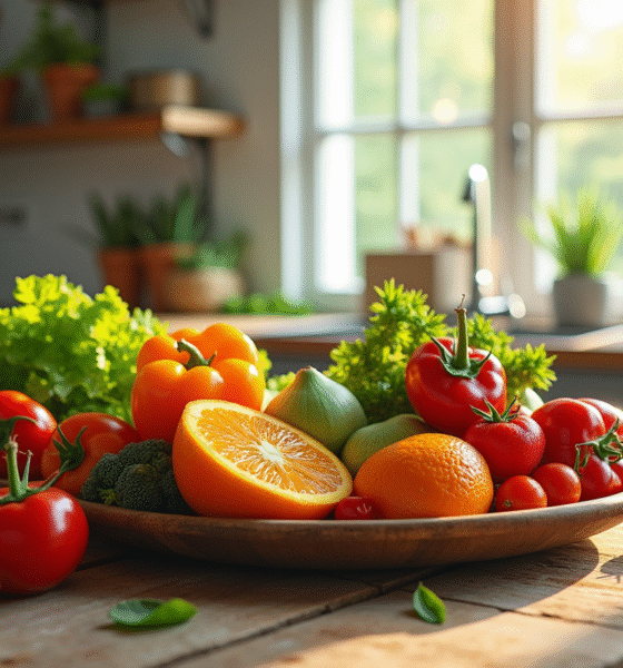 Table rustique avec fruits et légumes bio en forme de U