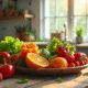 Table rustique avec fruits et légumes bio en forme de U