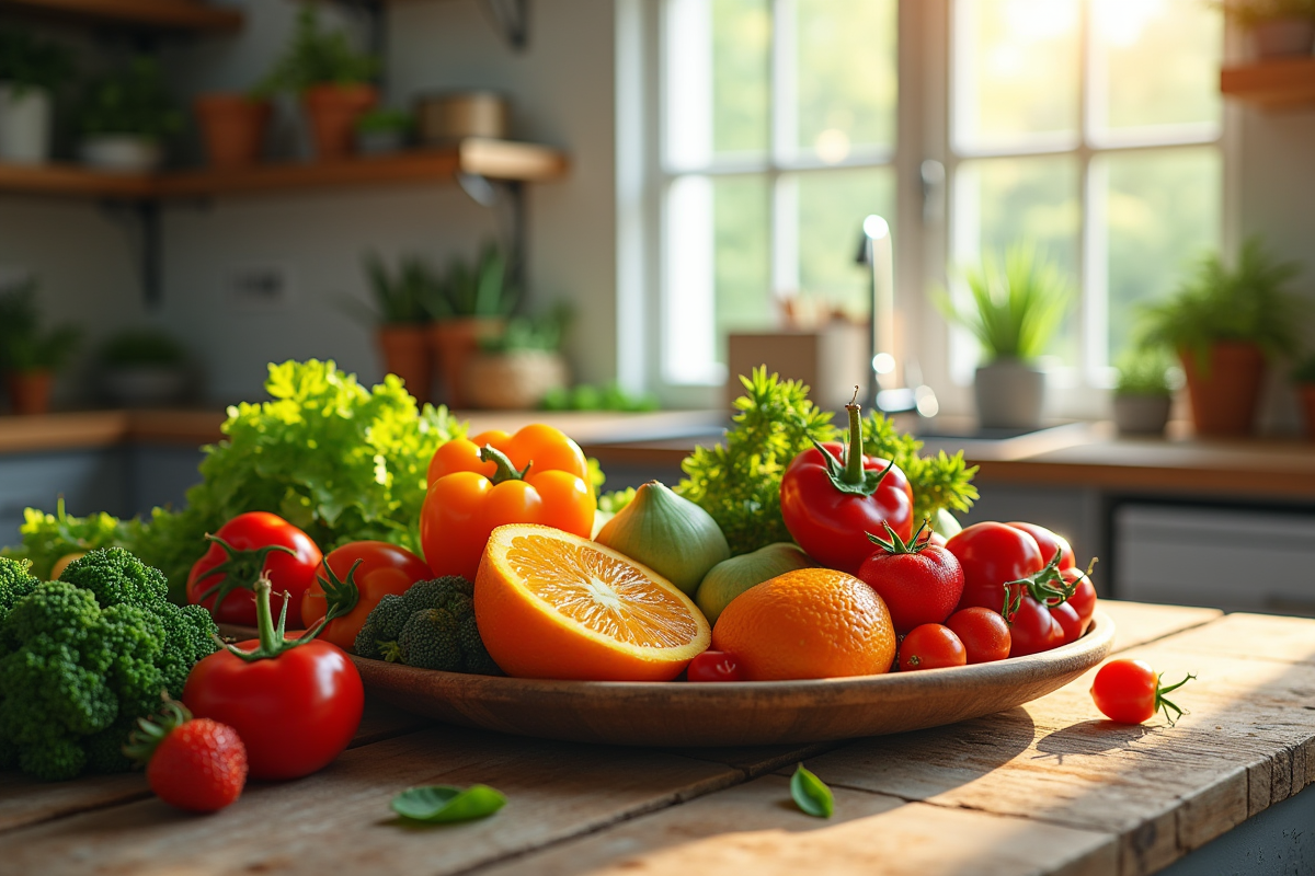 Table rustique avec fruits et légumes bio en forme de U