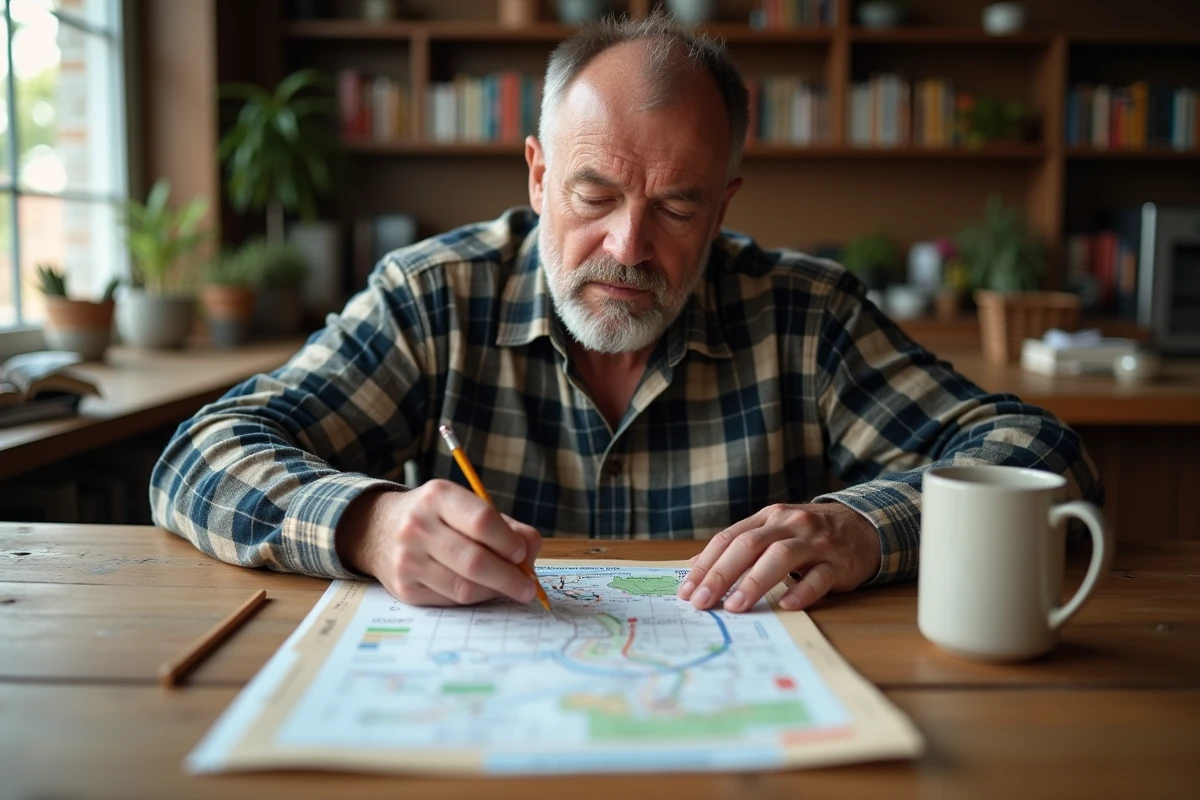 Homme étudiant un tableau de conversion miles et kilomètres à côté d'une carte routière sur une table en bois
