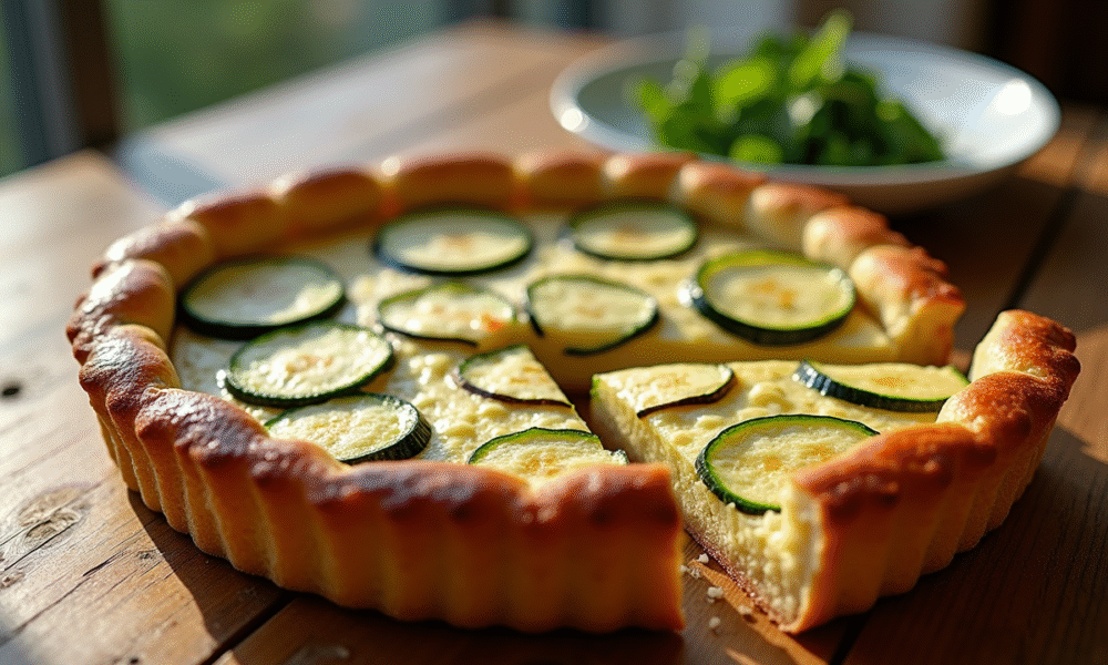 Tarte courgette et chèvre fraîche servie sur une table en bois
