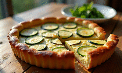 Tarte courgette et chèvre fraîche servie sur une table en bois