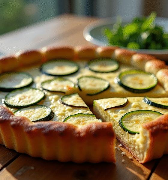 Tarte courgette et chèvre fraîche servie sur une table en bois