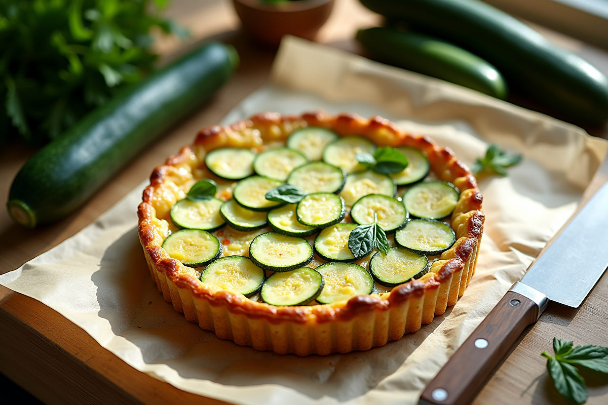 Tarte courgette et chèvre entourée de courgettes et herbes fraîches