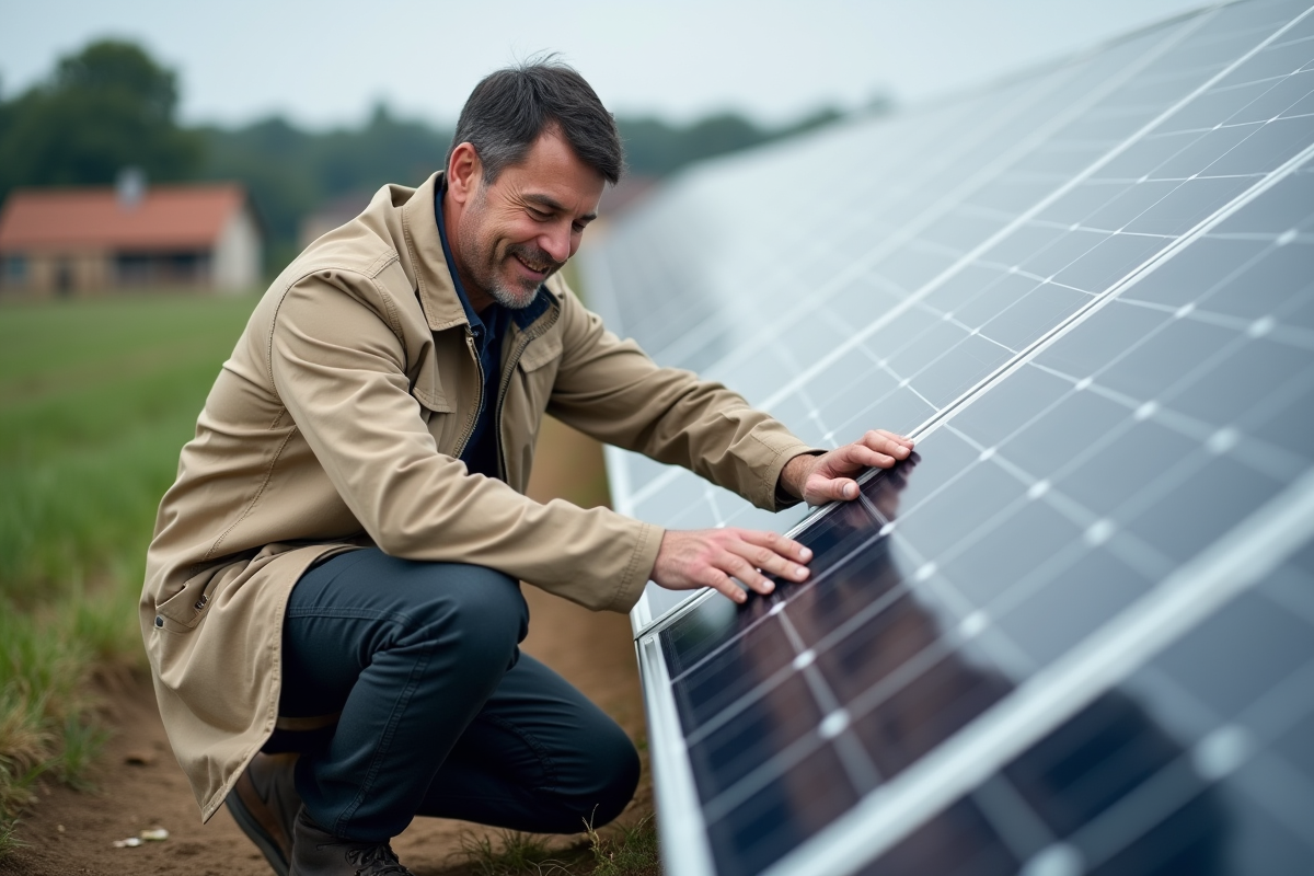 Technicien inspectant rangée de panneaux solaires