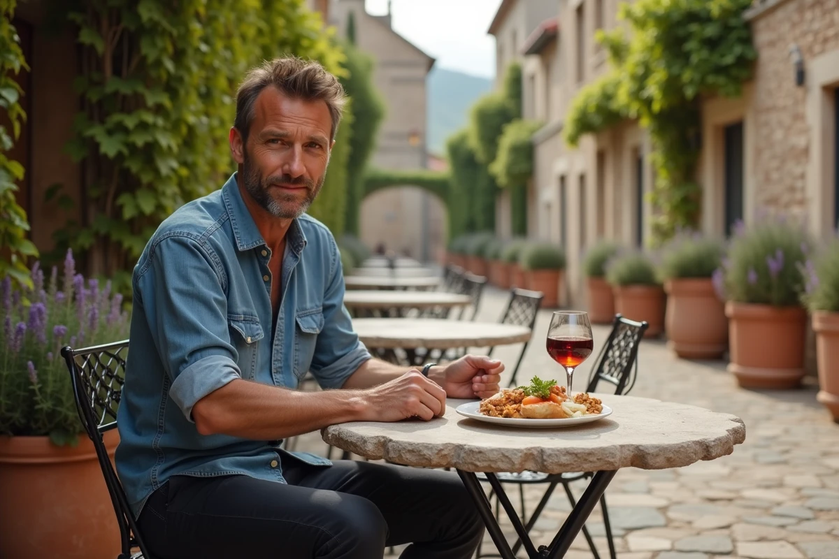 Homme savourant la gastronomie gasconne en terrasse avec vue sur la collégiale d'Eauze dans le Gers