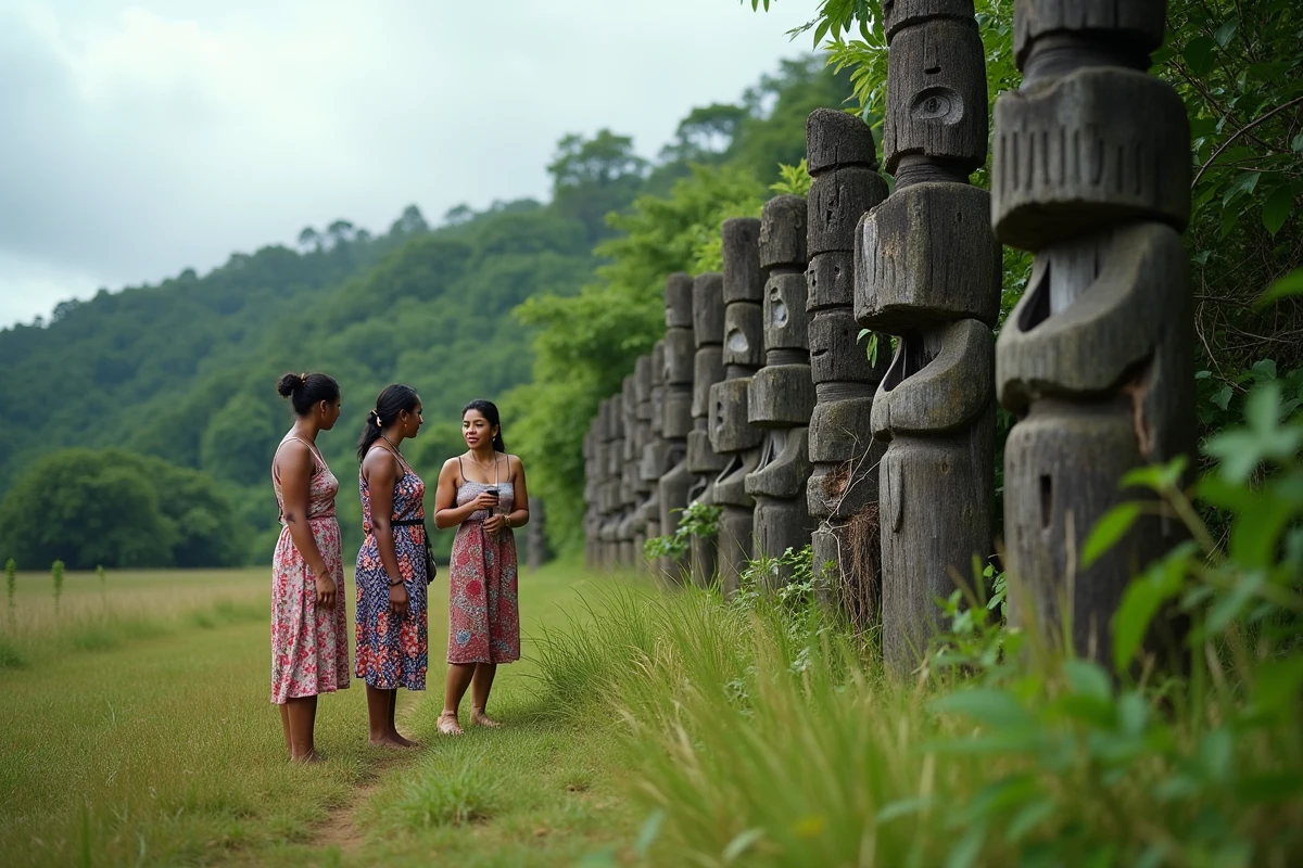 Groupe de personnes discutant près de totems ancestraux kanak envahis par la végétation en Nouvelle-Calédonie, dialogue entre mémoire et recherche contemporaine