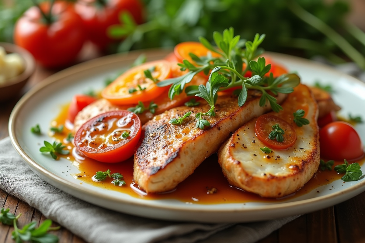 Tranches de chapon avec légumes colorés et herbes fraîches