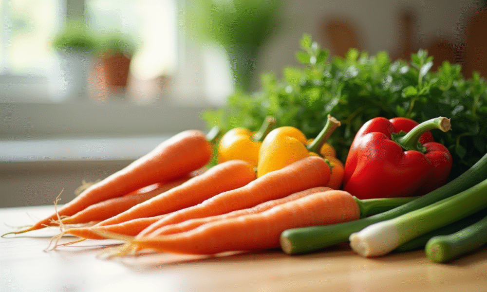 Sélection de légumes frais en forme de V sur un plan de travail