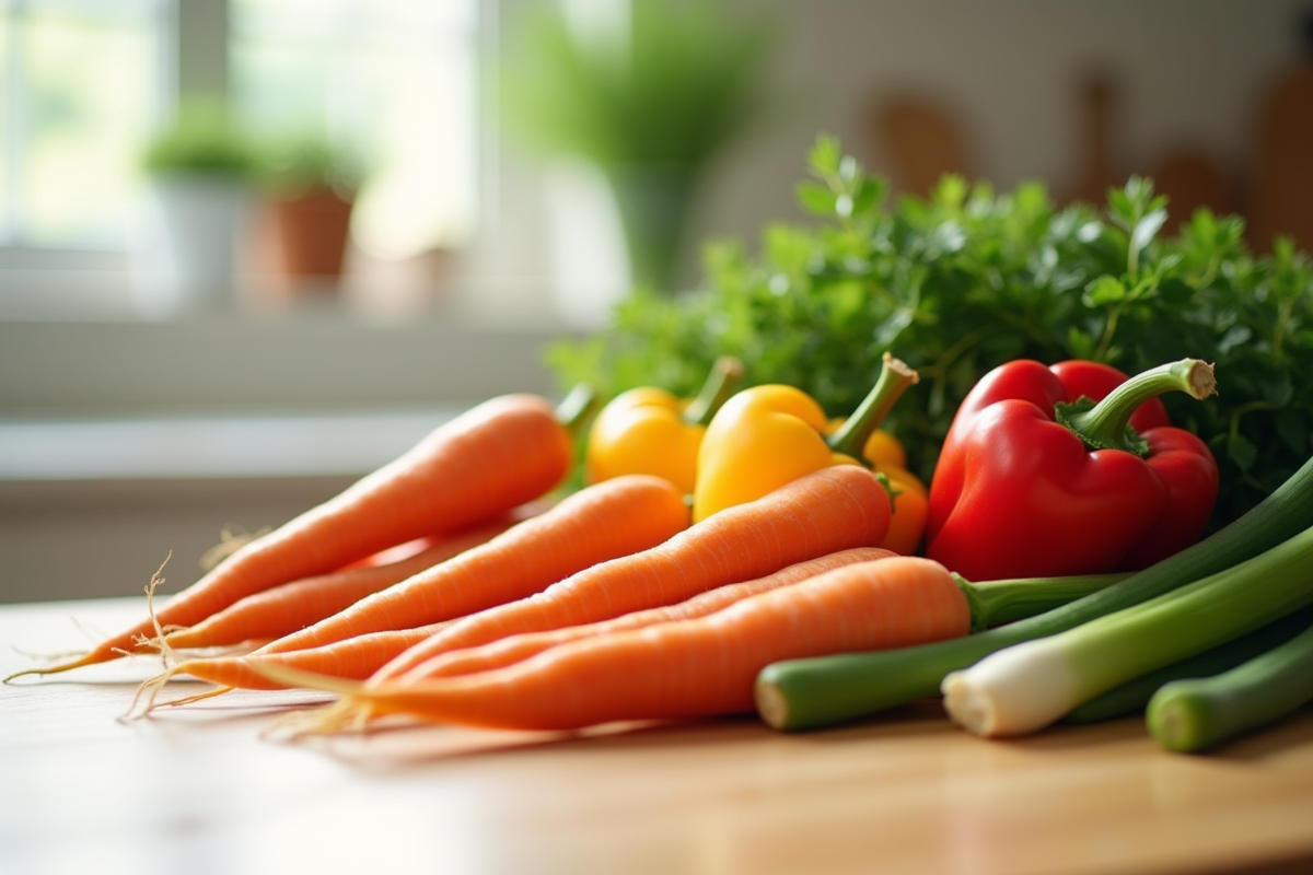 Sélection de légumes frais en forme de V sur un plan de travail